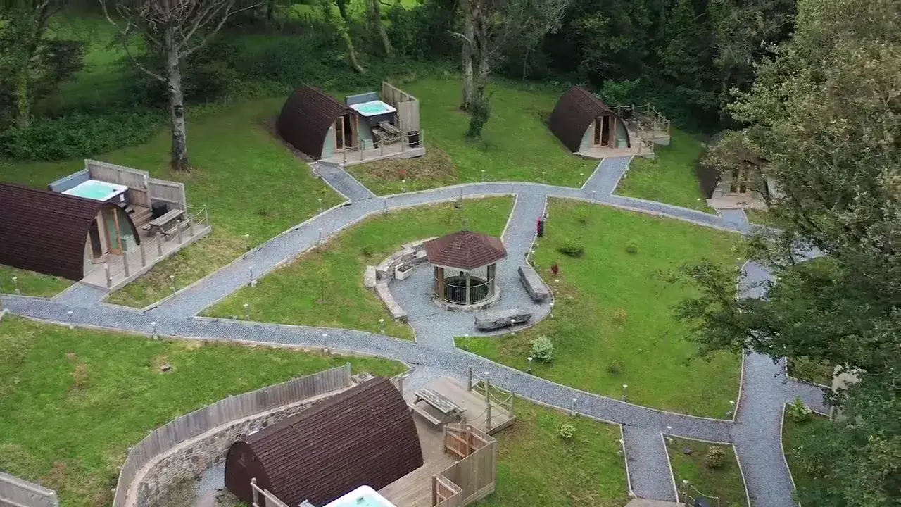 Aerial view of the luxury glamping pods, private hot tubs and gardens at Pods @ Broadway